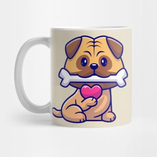 Cute Pug Dog Bite Bone And Holding Love Cartoon Mug